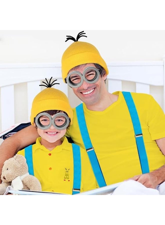 مجموعة إكسسوارات زي مينيون من Brain Giggles، مكونة من 4 قطع - للأطفال والكبار، تتضمن نظارات مينيون، وقبعة صفراء، وقفازات، وحمالات - زي تنكري مرح لعيد الهالوين للأولاد والبنات