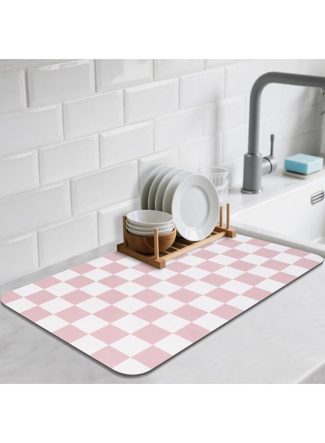 CooRug Checkered Dish Drying Mat for Kitchen Counter, Absorbent Non-Slip Coffee Mat, Heat Resistant Mat for Countertops Coffee Bar Decor 12" x 20" Pink - Image 1