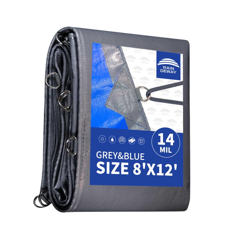 RAINDEWAY Tarps Heavy Duty Waterproof 8x12 Feet 14 Mils Super Heavy Duty Tarp with Metal Rings and Reinforced Corners and Edges UV Resistant Multipurpose Poly TarpBlueGray tarp