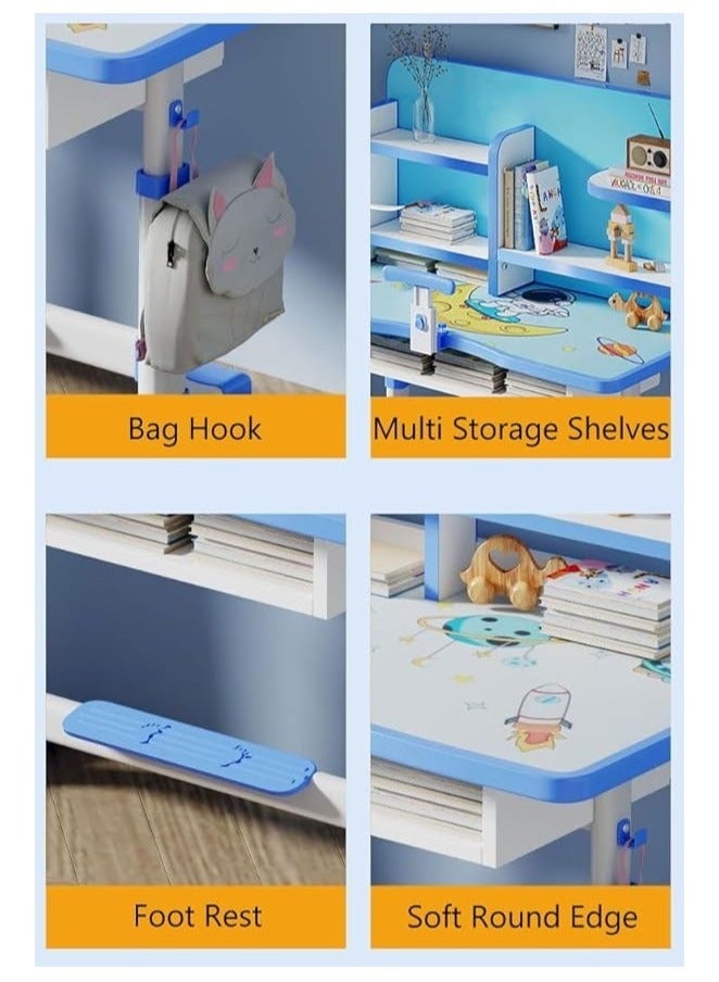 مكاتب وكرسي للأطفال، طاولة دراسة للأطفال، حامل مكتب كمبيوتر محمول للأطفال وكرسي قابل للتعديل الارتفاع، مجموعة كراسي مكتب زاوية لغرفة النوم المنزلية للطلاب الذين يتعلمون الكتابة (أزرق، RB-87) - Image 4