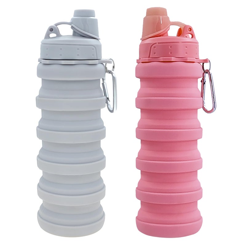 YCTMALL Collapsible Water Bottles Two Pack Travel Sports Portable Sport Bottle with Mountaineering Buckle 502ml Silicone Waterproof Camping Bottle (Light Grey and Pink Color) - Image 1