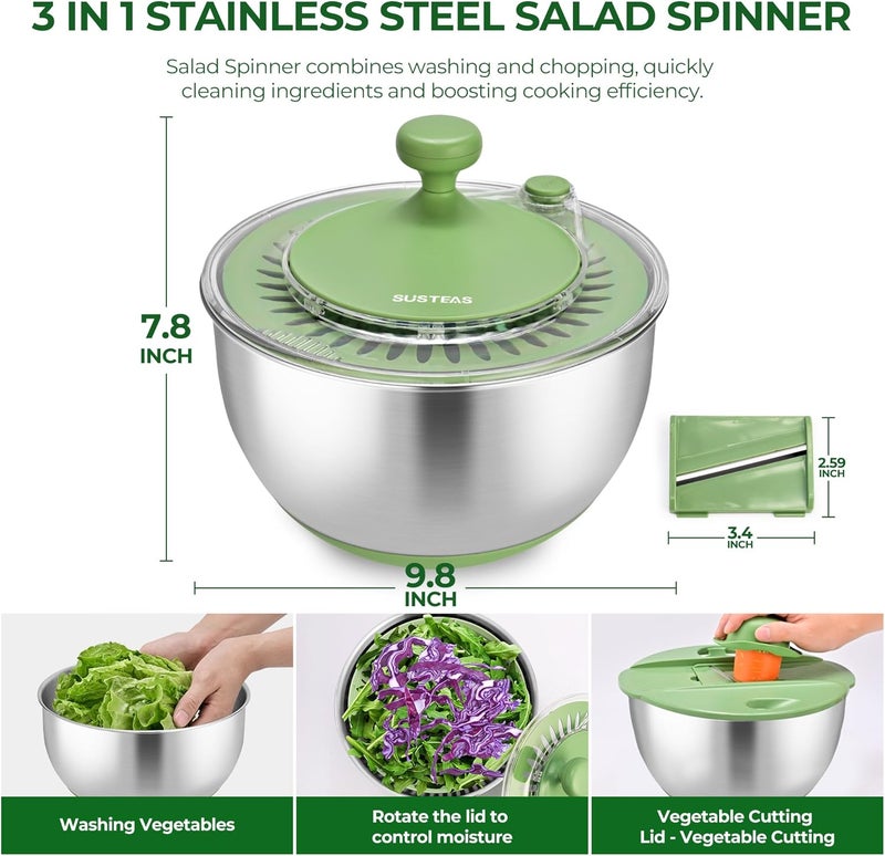 susteas Stainless Steel Salad Spinner Large, Vegetables Wash Bowl, Fruits & Herb Lettuce Dryer with 5 Blade Slicer Egg Yolk Strainer Shredder for Efficient Salad Preparation and Food Washing, 4.25Qt - Image 2
