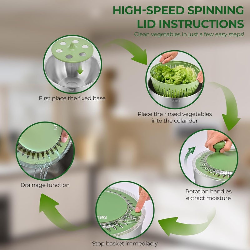 susteas Stainless Steel Salad Spinner Large, Vegetables Wash Bowl, Fruits & Herb Lettuce Dryer with 5 Blade Slicer Egg Yolk Strainer Shredder for Efficient Salad Preparation and Food Washing, 4.25Qt - Image 4