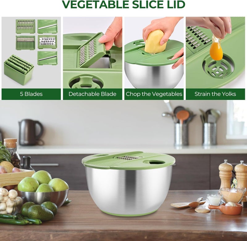 susteas Stainless Steel Salad Spinner Large, Vegetables Wash Bowl, Fruits & Herb Lettuce Dryer with 5 Blade Slicer Egg Yolk Strainer Shredder for Efficient Salad Preparation and Food Washing, 4.25Qt - Image 5