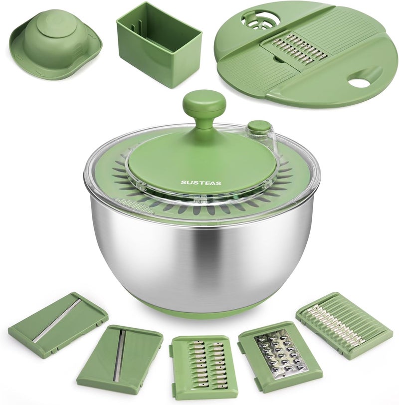 susteas Stainless Steel Salad Spinner Large, Vegetables Wash Bowl, Fruits & Herb Lettuce Dryer with 5 Blade Slicer Egg Yolk Strainer Shredder for Efficient Salad Preparation and Food Washing, 4.25Qt - Image 1