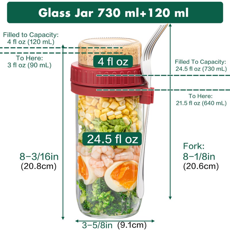 Danmu 24 oz Glass Meal Prep Containers 4-Pack with Lid & Dressing Cup - Leak Proof Salad Jars & Overnight Oats Containers with Lids Stainless Steel Fork Included for On the Go Lunch, Work, Fitness - Image 2