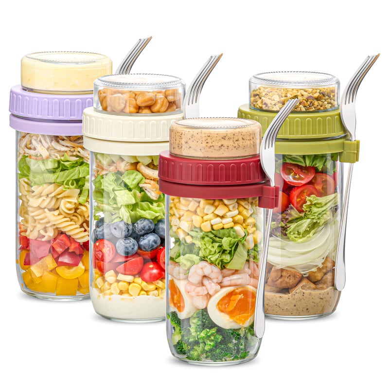 Danmu 24 oz Glass Meal Prep Containers 4-Pack with Lid & Dressing Cup - Leak Proof Salad Jars & Overnight Oats Containers with Lids Stainless Steel Fork Included for On the Go Lunch, Work, Fitness - Image 1