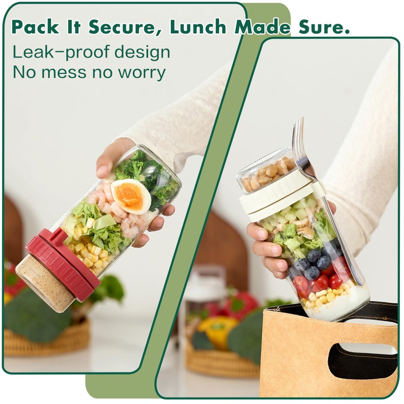 Danmu 24 oz Glass Meal Prep Containers 4-Pack with Lid & Dressing Cup - Leak Proof Salad Jars & Overnight Oats Containers with Lids Stainless Steel Fork Included for On the Go Lunch, Work, Fitness - Image 3