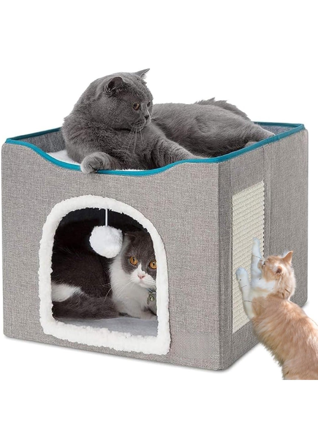Foldable Cat House, Cave Cat Bed with Scratch Pad & Fluffy Ball, Solid 2 Layer Cat Home with Soft Cushion, Cozy Cat House Indoor 41x41x35cm