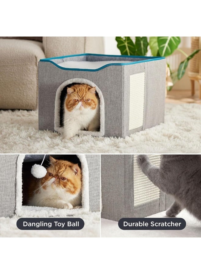 Homify Foldable Cat House, Cave Cat Bed with Scratch Pad & Fluffy Ball, Solid 2 Layer Cat Home with Soft Cushion, Cozy Cat House Indoor 41x41x35cm - Image 2
