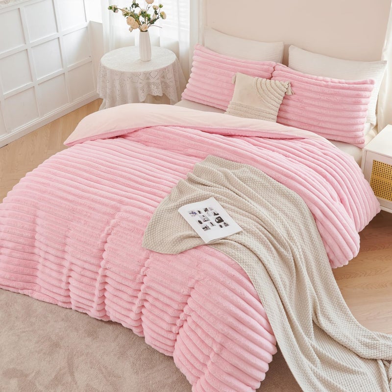 ANGIYUIN Pink Fluffy Duvet Cover Set Twin Size 3 Pieces Plush Shaggy Faux Fur Bedding Cover Set for Girls Kids Teens Furry Comforter Cover Set(Pink Twin) - Image 1