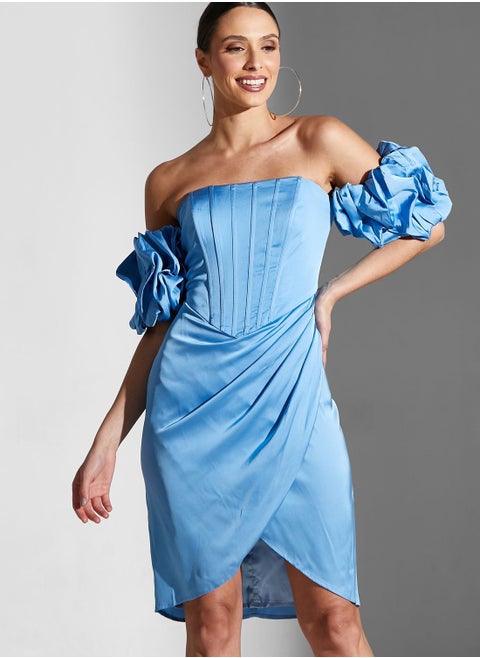 Bardot Ruched Sleeve Dress
