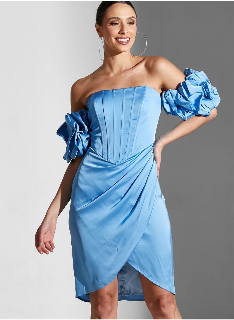 Chi-Chi London - Bardot Ruched Sleeve Dress - Image 1