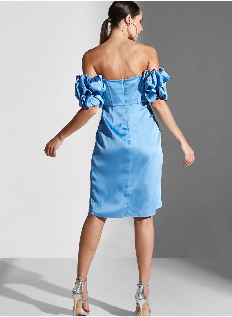 Chi-Chi London - Bardot Ruched Sleeve Dress - Image 1