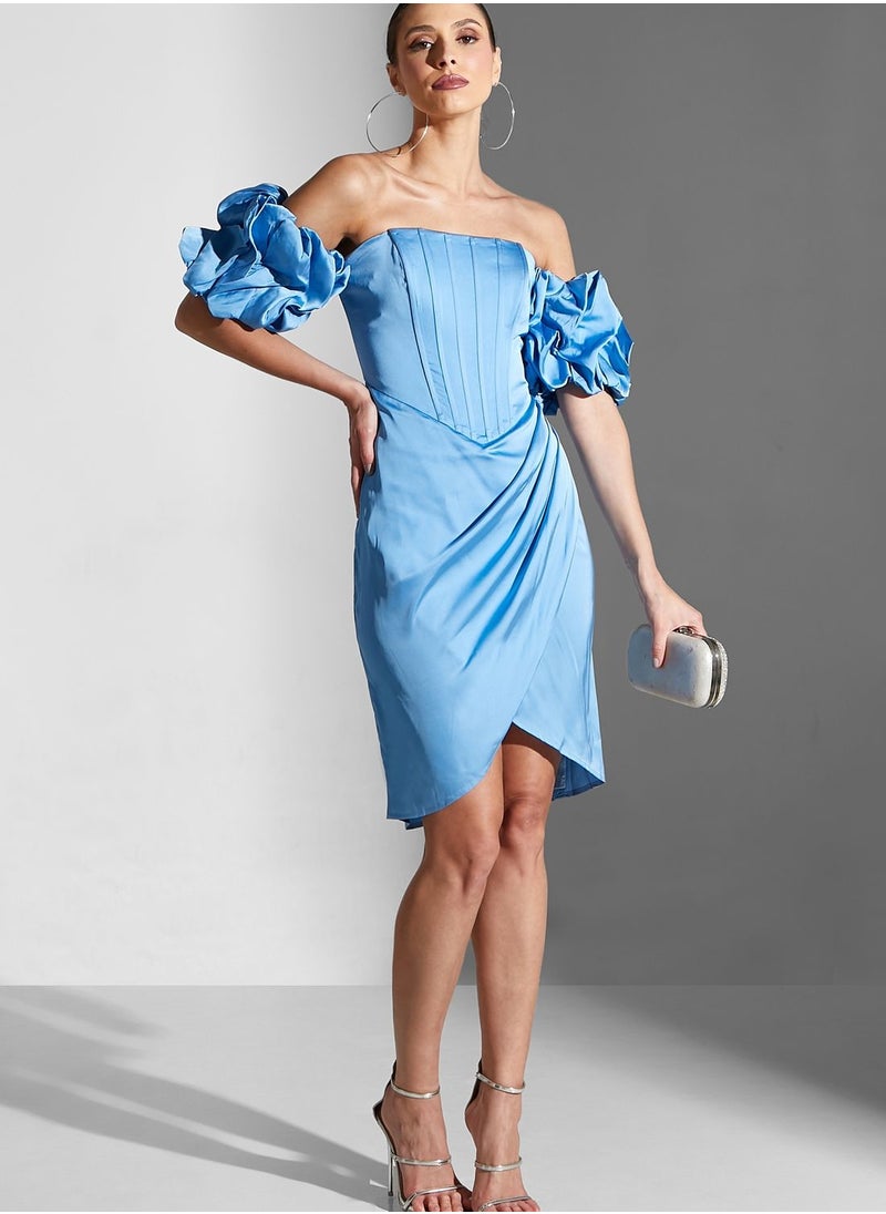 Chi-Chi London - Bardot Ruched Sleeve Dress - Image 1