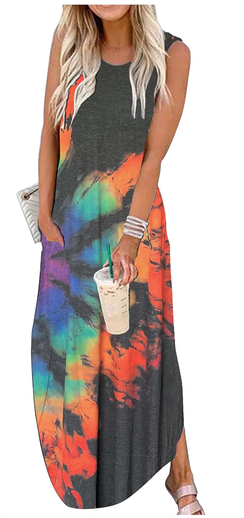 CHUNTIANRAN Sundresses for Women Summer Casual Maxi Dress Hawaiian Beach Vacation Long Dresses Rainbow T Shirts Dresses with Pockets(Reverse Rainbow-Grey,Large) - Image 1