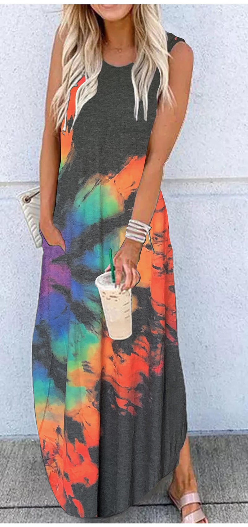 CHUNTIANRAN Sundresses for Women Summer Casual Maxi Dress Hawaiian Beach Vacation Long Dresses Rainbow T Shirts Dresses with Pockets(Reverse Rainbow-Grey,Large) - Image 2