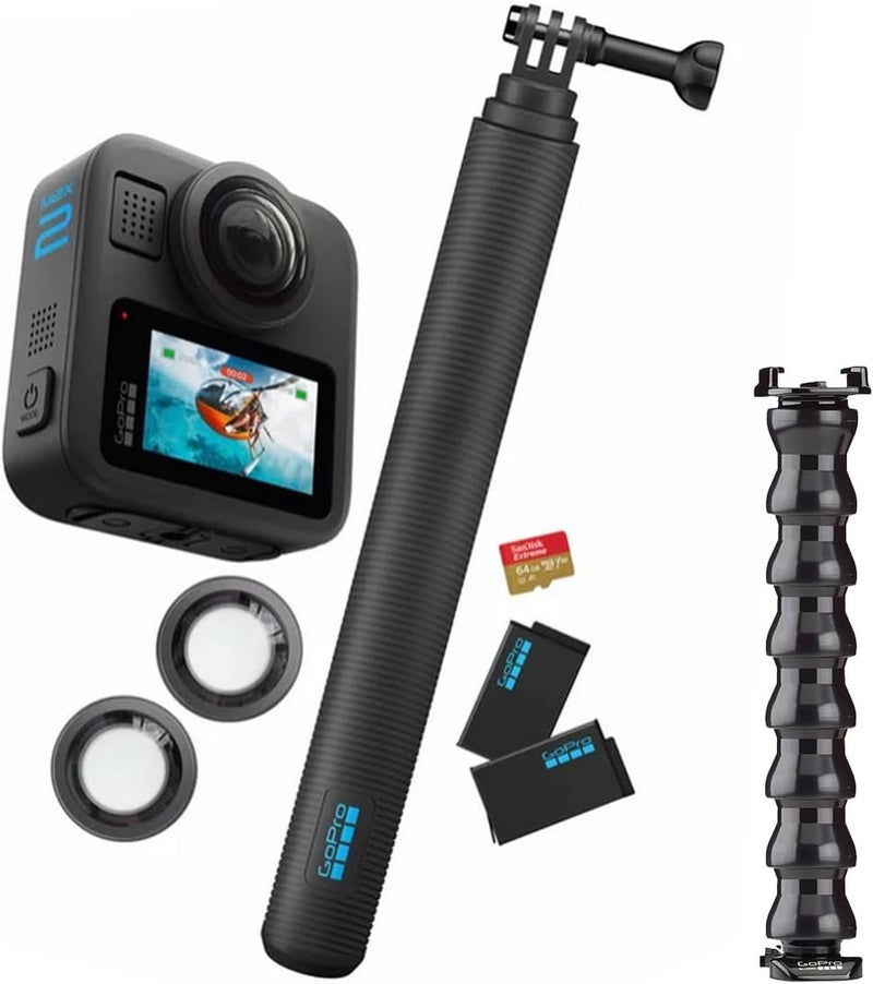 جو برو GoPro MAX2 360 Accessories Bundle Camera Bundle PLUS, True 8K Video, 29MP Photos, Extension Pole, Extra Battery, 64GB SD Card, Lens replacement Kit, Gooseneck - with Official GoPro UAE Warranty - Image 1