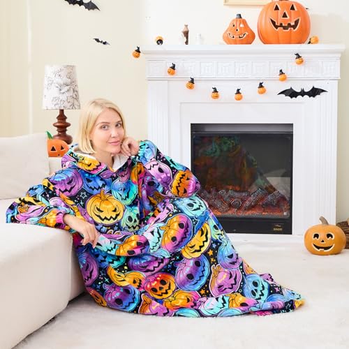Moinlizy Wearable Blanket Hoodie, Long Thick Hooded Blanket Oversized for Adults Women Men with Pocket and Sleeves, Halloween Pumpkin - Image 4