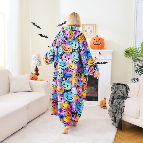 Moinlizy Wearable Blanket Hoodie, Long Thick Hooded Blanket Oversized for Adults Women Men with Pocket and Sleeves, Halloween Pumpkin - Image 5