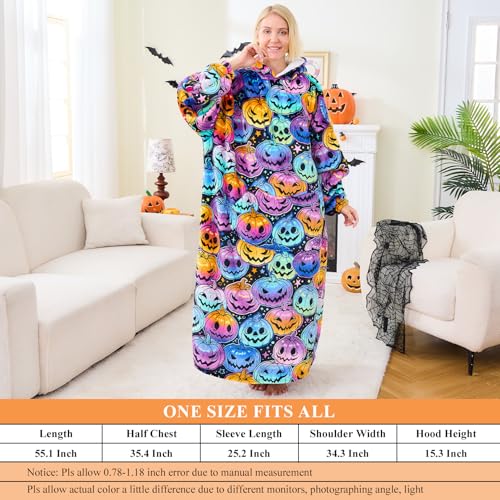 Moinlizy Wearable Blanket Hoodie, Long Thick Hooded Blanket Oversized for Adults Women Men with Pocket and Sleeves, Halloween Pumpkin - Image 3