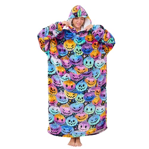 Moinlizy Wearable Blanket Hoodie, Long Thick Hooded Blanket Oversized for Adults Women Men with Pocket and Sleeves, Halloween Pumpkin - Image 1