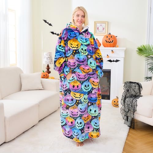 Moinlizy Wearable Blanket Hoodie, Long Thick Hooded Blanket Oversized for Adults Women Men with Pocket and Sleeves, Halloween Pumpkin - Image 2