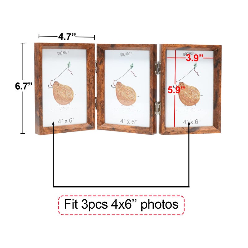 TOFOREVO إطار صور ثلاثي TOFOREVO 4x6 بني خشبي ريفي مع زجاج مقعر و3 فتحات عمودية للعرض على الطاولة - Image 2