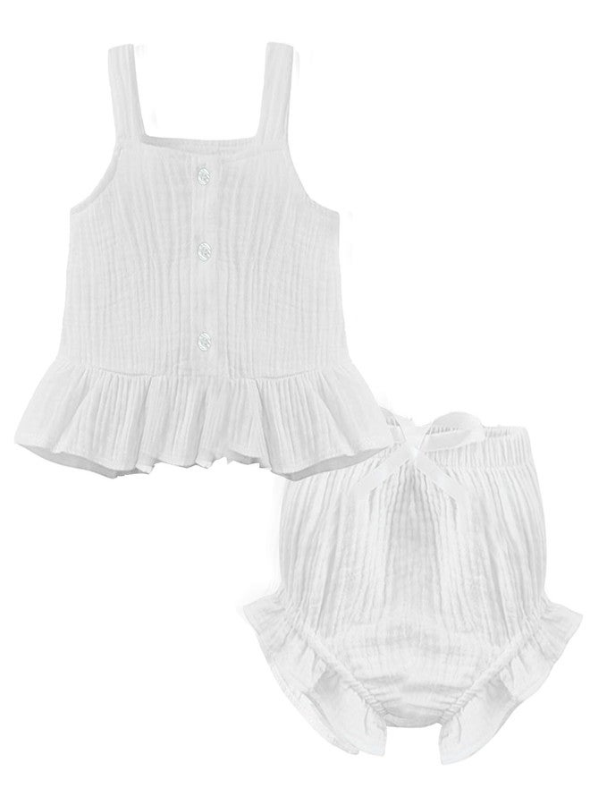 oweve Baby Girls' Sleeveless Top and Diaper Cover Set，2-Piece Toddler Tank Short Sets, White - Image 1