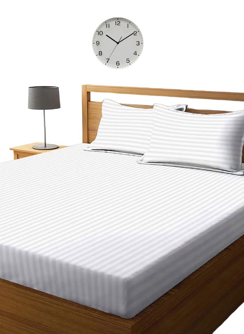 Blueberry White Queen Size Stripe Deep Pocket Bed Sheet Set Cotton 180x200+25cm  - Image 1