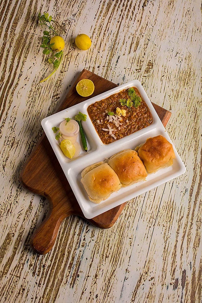 VRCT Unbreakable Microwave Safe Cafe Plates Food-Grade 3 in 1 Compartments Pav Bhaji Plate Dinner Plates Serving Plates White (3 Compartments - Set of 6) - Image 4