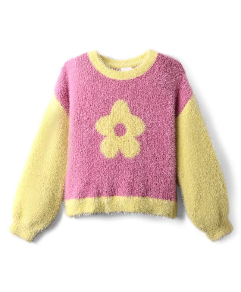 Babyhug Babyhug Extra Soft Hairy Eyelash Yarn Sweater Knit Top & Pants Set with Floral Print - Pink & Yellow