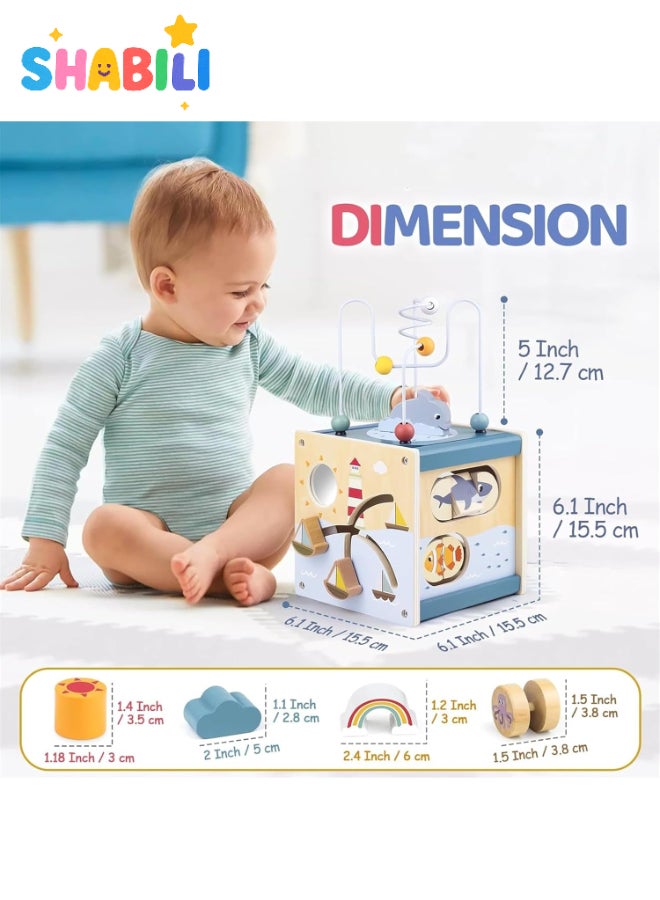 شبيلي مكعب النشاط الخشبي للأطفال من 1-3 سنوات، لعبة مونتيسوري 5 في 1 لتطوير المهارات الحركية الدقيقة، تنسيق اليد والعين، فرز الأشكال، متاهة الكرات، أحجية الحيوانات البحرية – هدية تعليمية مثالية لعيد ميلاد الأطفال - Image 4