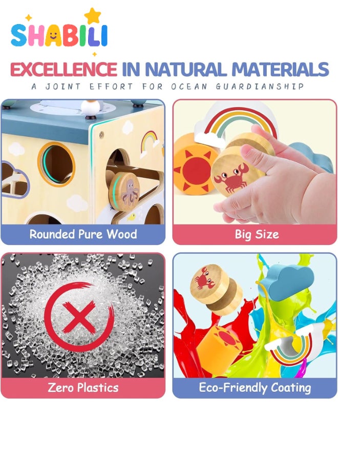 شبيلي مكعب النشاط الخشبي للأطفال من 1-3 سنوات، لعبة مونتيسوري 5 في 1 لتطوير المهارات الحركية الدقيقة، تنسيق اليد والعين، فرز الأشكال، متاهة الكرات، أحجية الحيوانات البحرية – هدية تعليمية مثالية لعيد ميلاد الأطفال - Image 5