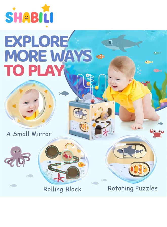 شبيلي مكعب النشاط الخشبي للأطفال من 1-3 سنوات، لعبة مونتيسوري 5 في 1 لتطوير المهارات الحركية الدقيقة، تنسيق اليد والعين، فرز الأشكال، متاهة الكرات، أحجية الحيوانات البحرية – هدية تعليمية مثالية لعيد ميلاد الأطفال - Image 2