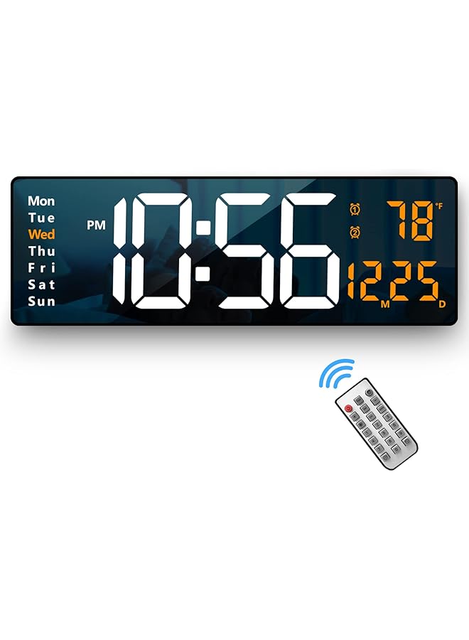 The Bros Plastic Digital Wall Clock Large Display, 16.2 Inch Large Wall Clocks, Led Digital Clock With Remote Control/Automatic Brightness Dimmer Big Clock With Date Week Temperature (Orange) - Image 1