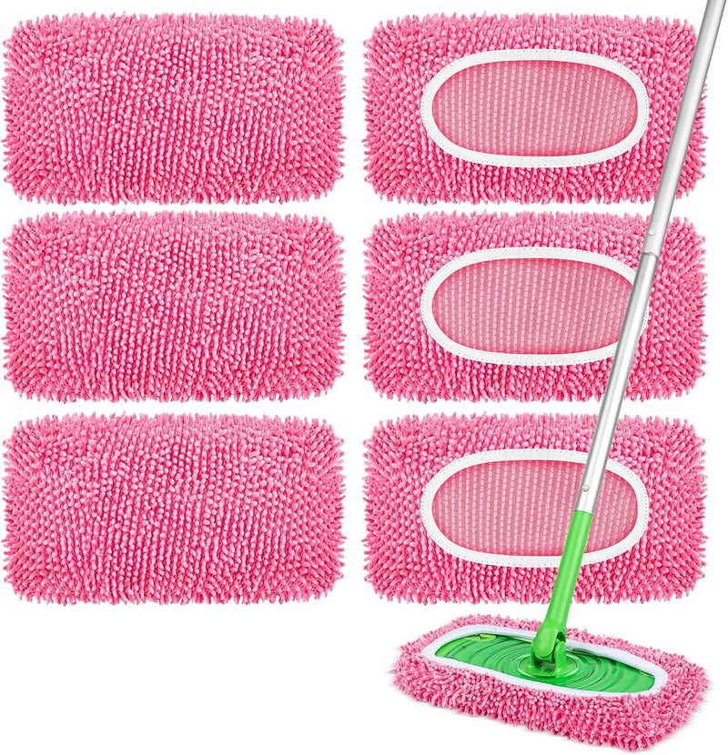 YHOVID 6 قطع من وسادات الممسحة القابلة لإعادة الاستخدام المتوافقة مع منظف Swiffer، أقمشة الكنس الجافة وأقمشة المسح الرطبة - وسادات ممسحة من الألياف الدقيقة للأرضيات الخشبية، تنظيف الأرضيات، الأرضيات الخشبية (وردي) - Image 1
