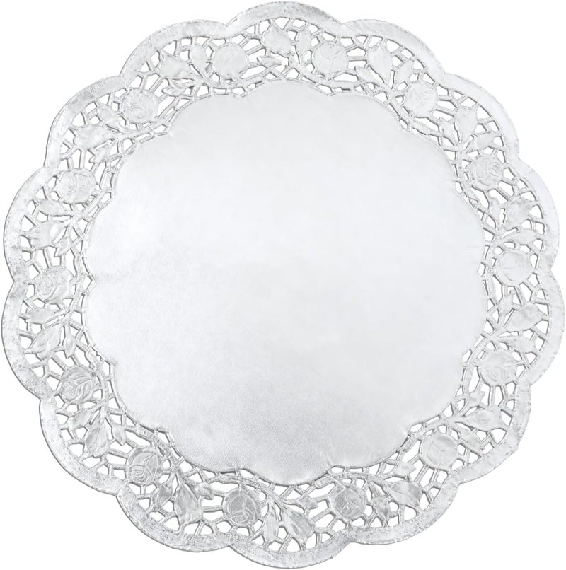 Phantomon 100 Pcs 14 Inch Silver Lace Paper Doilies – Disposable Silver Foil Placemats for Cakes, Dessert Display, Dining Table, Weddings, Birthday Parties - Image 1