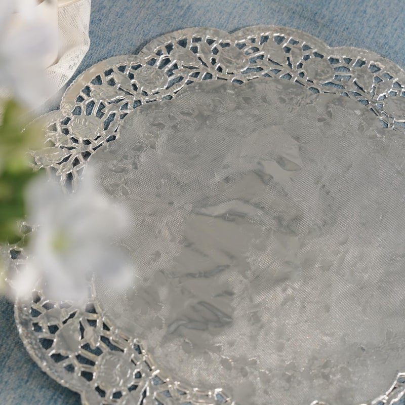 Phantomon 100 Pcs 14 Inch Silver Lace Paper Doilies – Disposable Silver Foil Placemats for Cakes, Dessert Display, Dining Table, Weddings, Birthday Parties - Image 5
