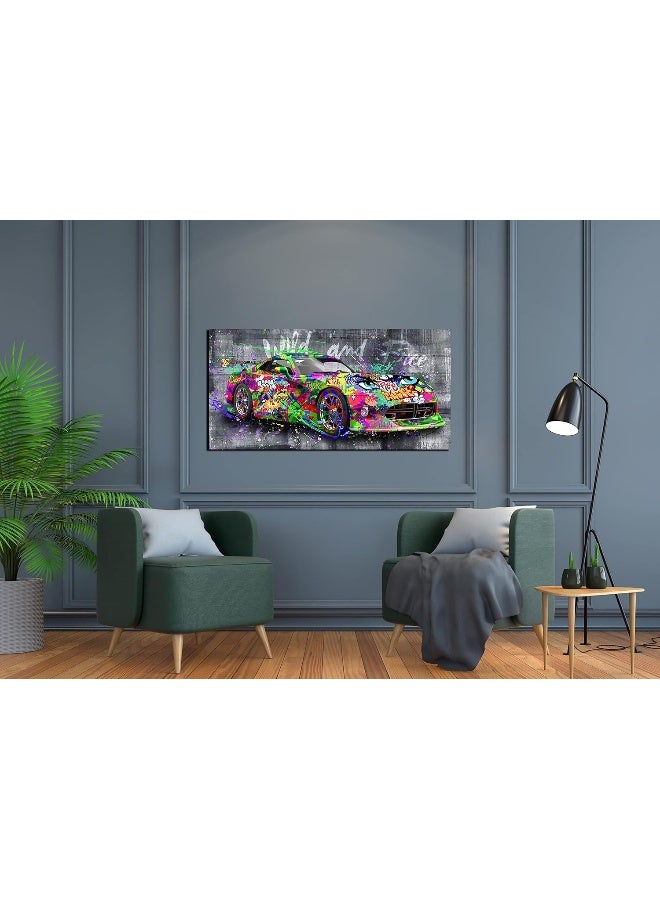 SIXTTART Graffiti Car Wall-Decor - Banksy Canvas Wall Art for Bedroom - Teen Boy Room Decor Ready to Hang Size 40" x 20" - Image 3