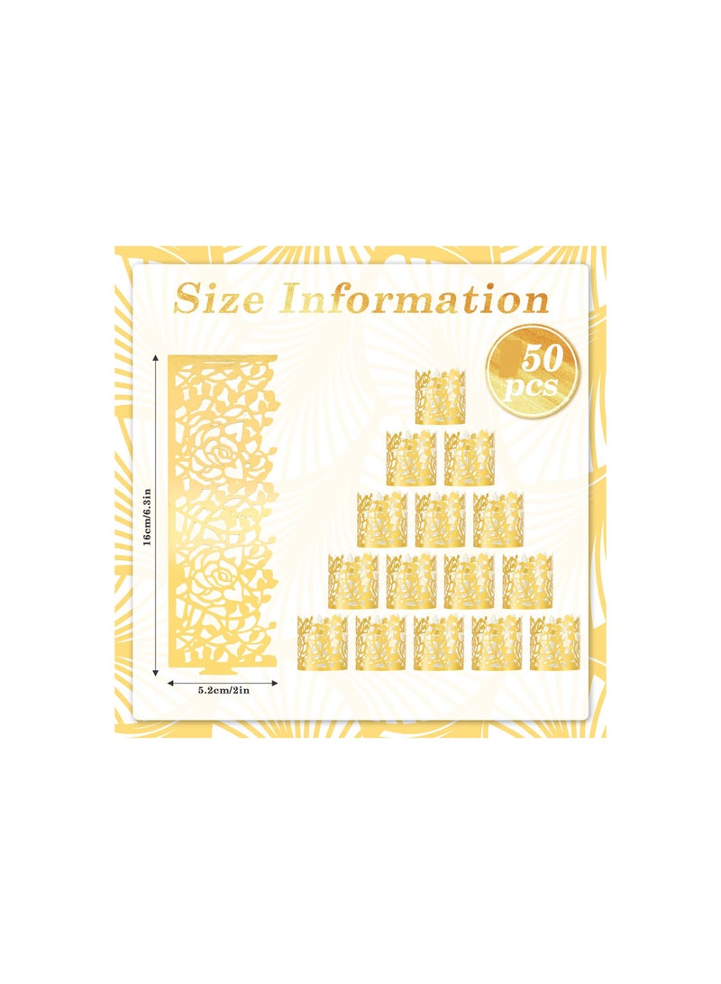 SYOSI خواتم مناديل ورقية على شكل زهرة الورد ذهبية قابلة للتصرف حامل مناديل ورقية مقطوعة بالليزر مجوفة شرائط المناشف بأوراق العنب خواتم المناشف للمهرجانات حفلات الزفاف حفلة العشاء أحداث تزيين الطاولة 50 قطعة - Image 3