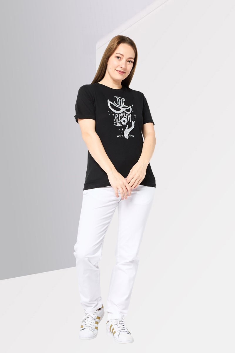 Replay Women Crew Neck Short Sleeves Brand Logo T-Shirt, Black - Image 2