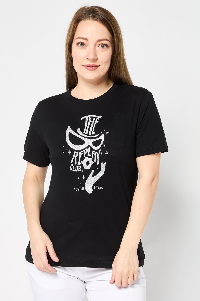 Replay Women Crew Neck Short Sleeves Brand Logo T-Shirt, Black - Image 1