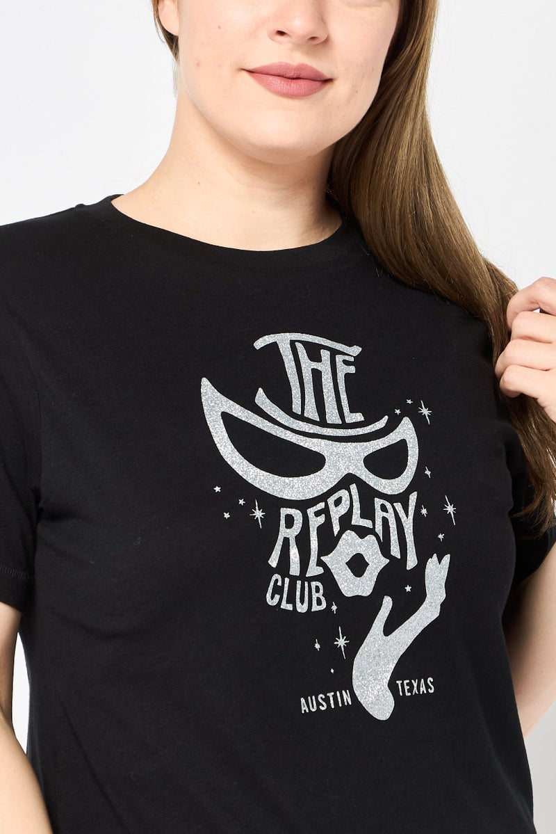 Replay Women Crew Neck Short Sleeves Brand Logo T-Shirt, Black - Image 3