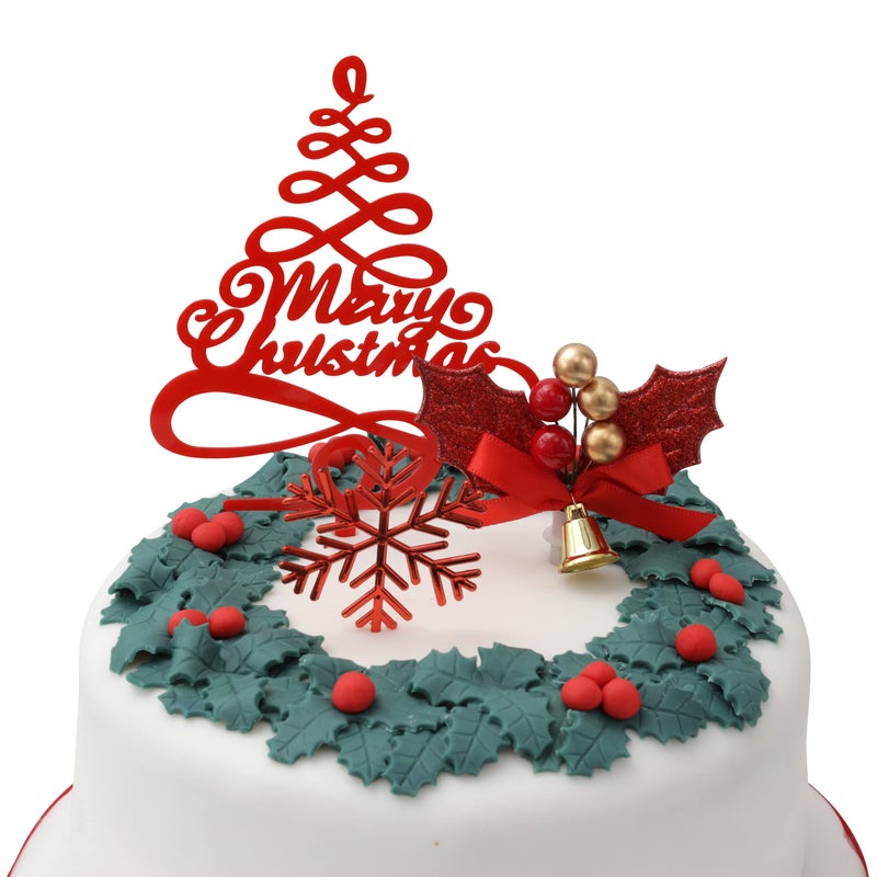 Merry Christmas Cake Decoration topper Yule Log Cupcake Toppers 3 Piece Gold silver red Leaf Holly Set 3 set red holly