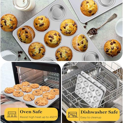Homikit 1 Pack Muffin Pan, Stainless Steel Cupcake Tin with 12 Cups Regular Size, 13.8" x 10.4" Nonstick Metal Egg Bites Tray for Oven Baking, Non Toxic & Rust Free, Easy Release & Dishwasher Safe - Image 3