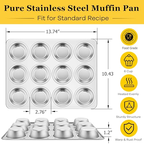 Homikit 1 Pack Muffin Pan, Stainless Steel Cupcake Tin with 12 Cups Regular Size, 13.8" x 10.4" Nonstick Metal Egg Bites Tray for Oven Baking, Non Toxic & Rust Free, Easy Release & Dishwasher Safe - Image 2