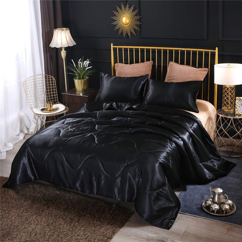 NTBED Silky Satin Comforter Set Queen Black Soft Lightweight Microfiber Luxury Sexy Quilted Bedding Sets with 2 Matching Pillow Covers for Summer Spring Autumn