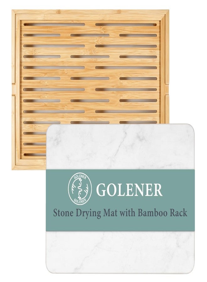 Golener Stone Drying Mat for Kitchen Counter, Dish Drying Pad with Bamboo Rack, Super Absorbent Diatomaceous Earth and Drying Rack, Multi-purpose Quick Drying Mat Rack for Kitchen,Marble White,16”x12” - Image 1