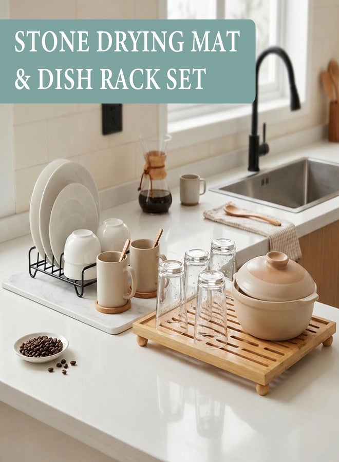 Golener Stone Drying Mat for Kitchen Counter, Dish Drying Pad with Bamboo Rack, Super Absorbent Diatomaceous Earth and Drying Rack, Multi-purpose Quick Drying Mat Rack for Kitchen,Marble White,16”x12” - Image 3